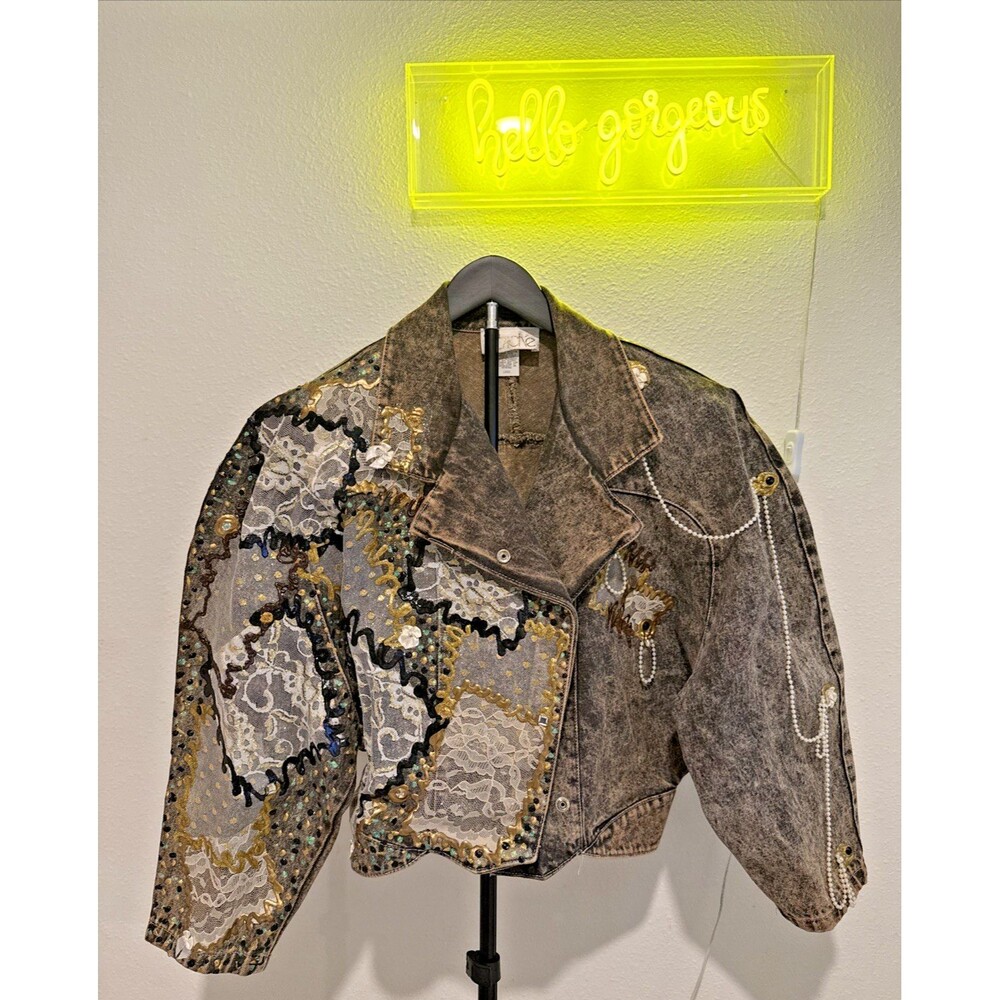 Cache Vintage Denim Jacket Womens L Embellished Lace Sequin Rhinestone 90s Moto